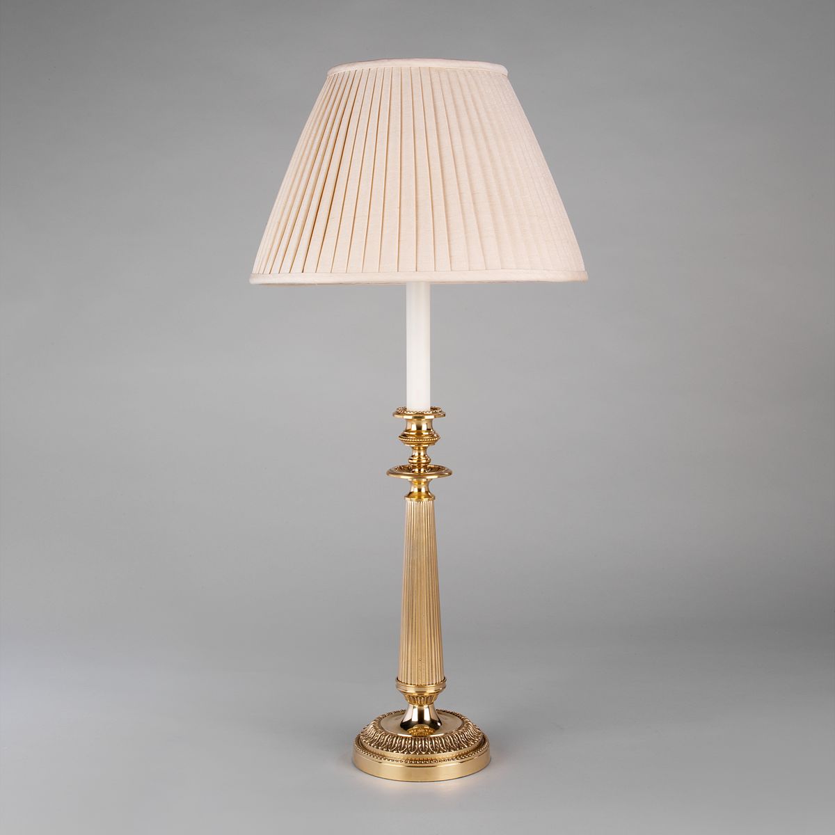 Reeded Candlestick Table Lamp - Antique Brass with Knife Pleated Cream Silk Lampshade