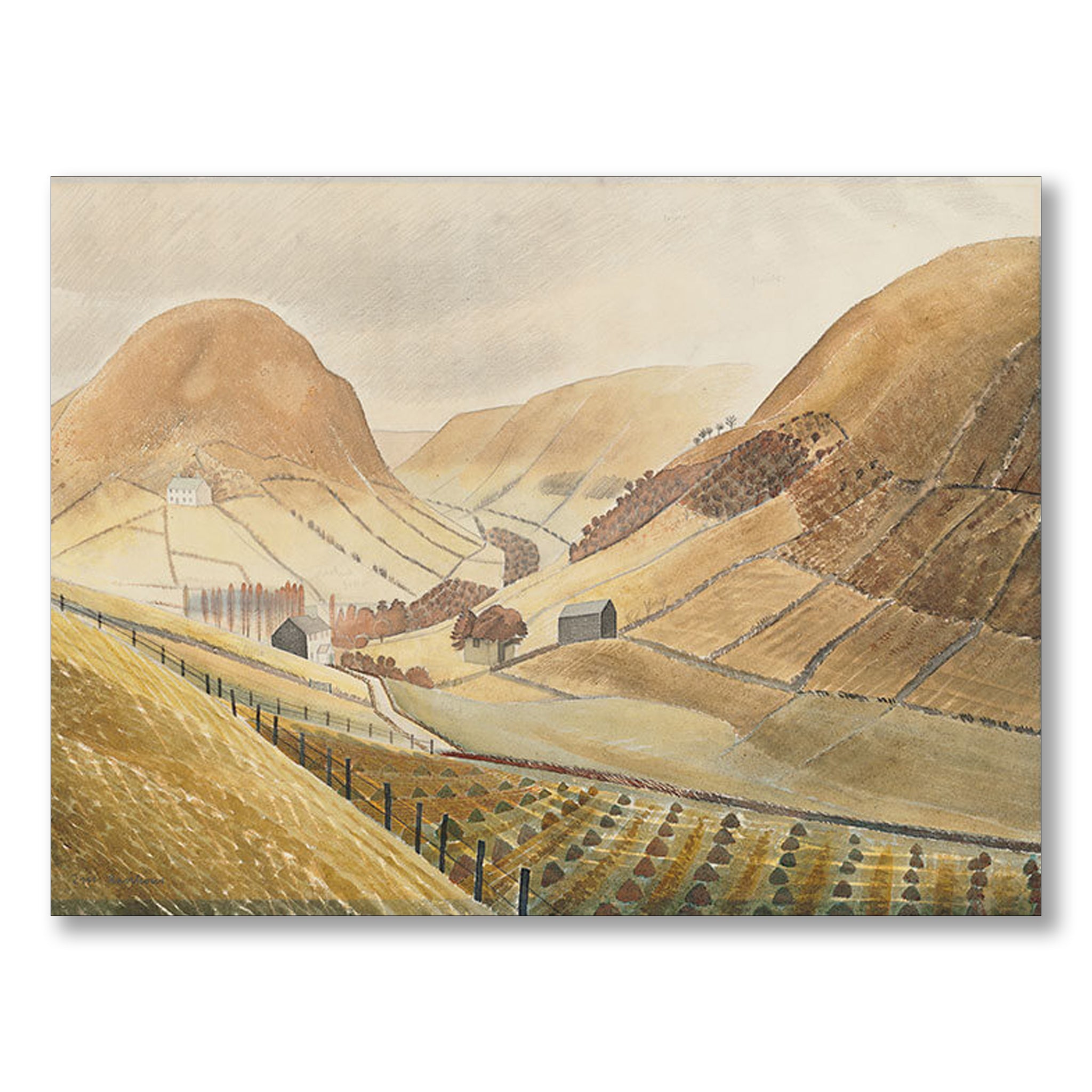 Corn Stooks and Farmsteads - Wales, 1938 by Eric Ravilious